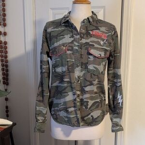 Camouflage Button-Up Shirt with Red Accents